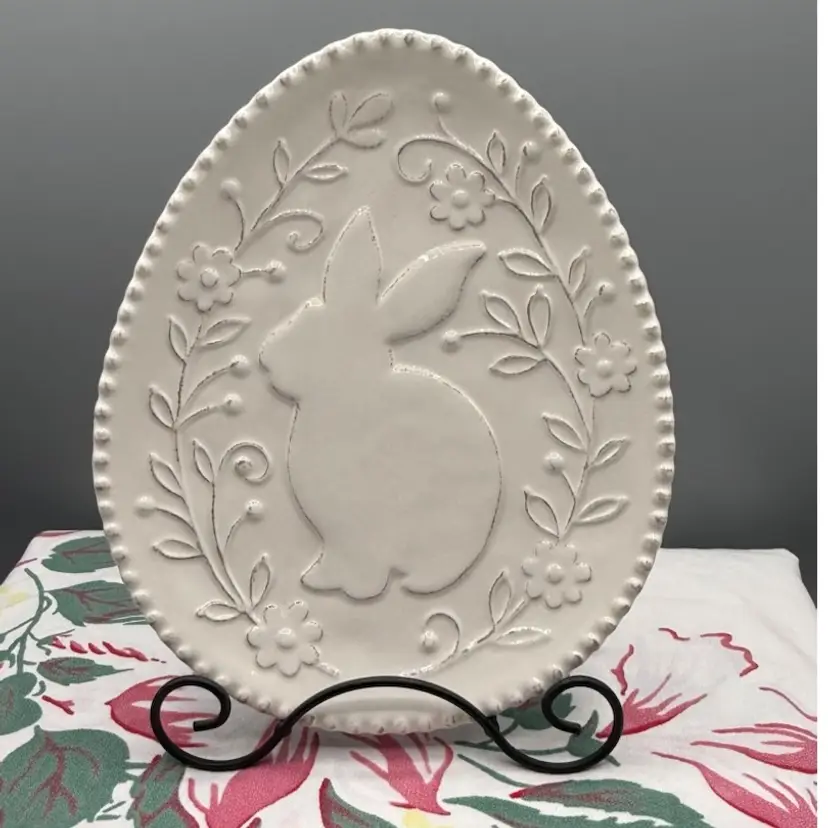Vintage Pier I Bunny Rabbit On Egg Snack Plate Antique White 9"x7"
