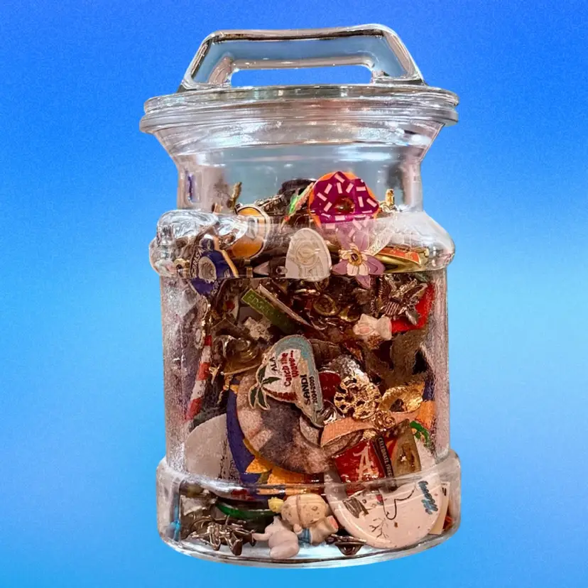 Vintage LE Smith Clear Glass Milk Jug Farmhouse Canister Lidded Cookie Jar **Filled w Lapel Pins & Buttons**