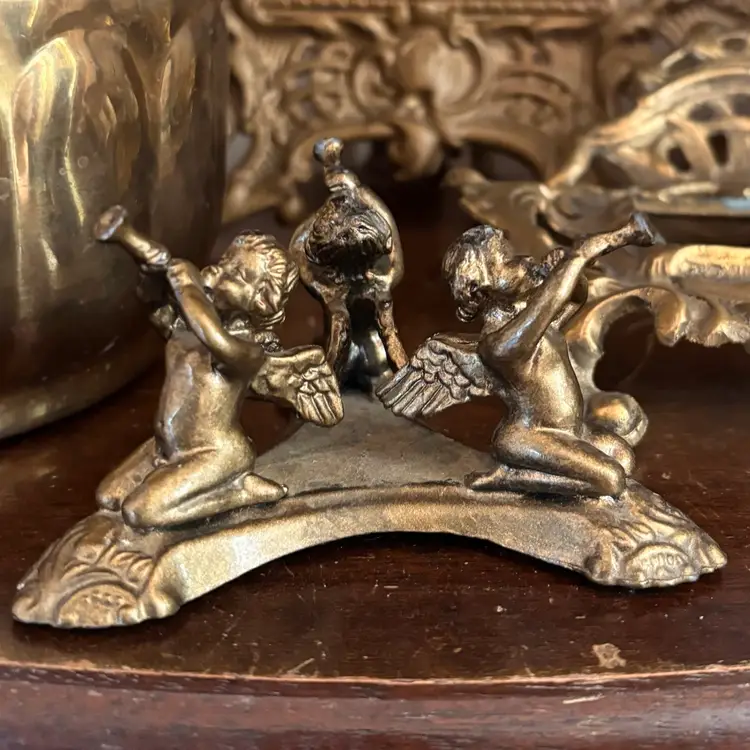 Vintage Victorian Style Solid Brass Cherub Horn Stand