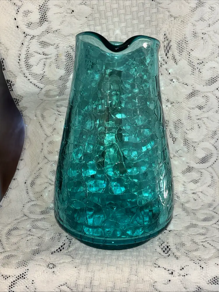 Large MCM Blue Crackle Glass 9.75 Inch Tall Pitcher Blown Glass Applied Handle