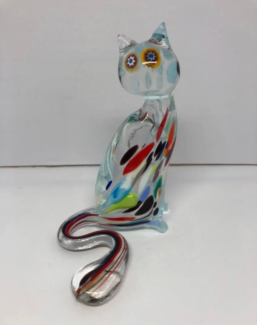Hand-Blown Millefiori Art Glass Cat Figurine