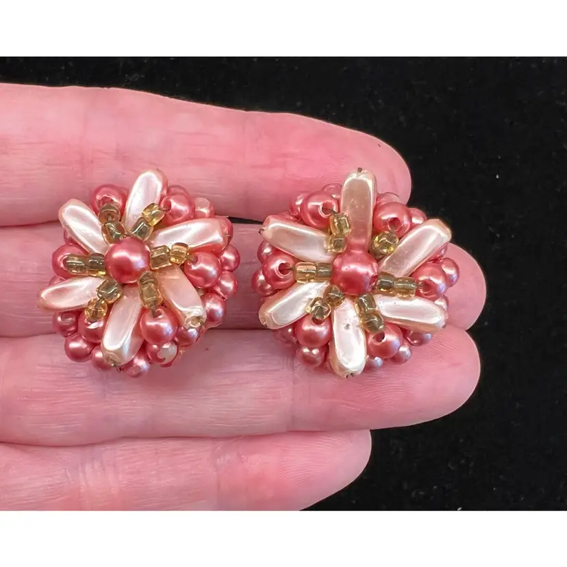 Vintage 1950’s Pink Gold Tone Clip Earrings & Get Well Card Flowers Watering Can Mirrored Finish