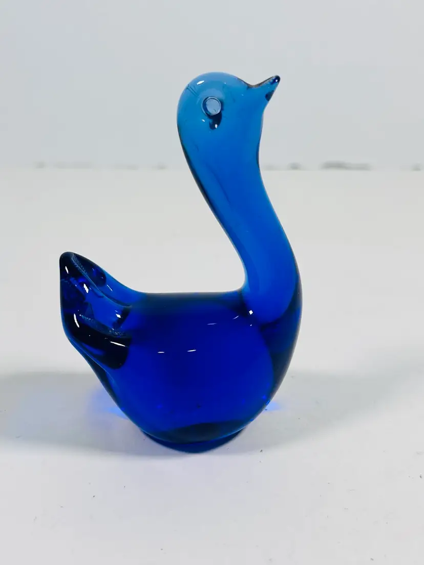 Vintage Art Glass Mini Swan Duck Bird Cobalt Blue Paperweight Figurine Happiness