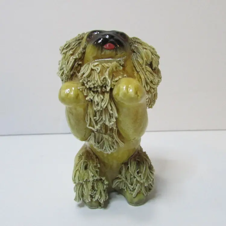 vintage ceramic textured tan pekingese dog figurine begging puppy figure