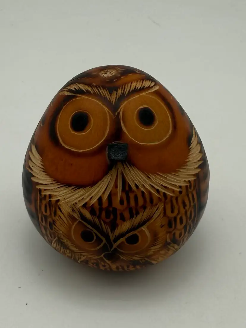 Vintage Small Carved Owl Owlet Figurine - Small Gourd Mid-Century Modern Boho