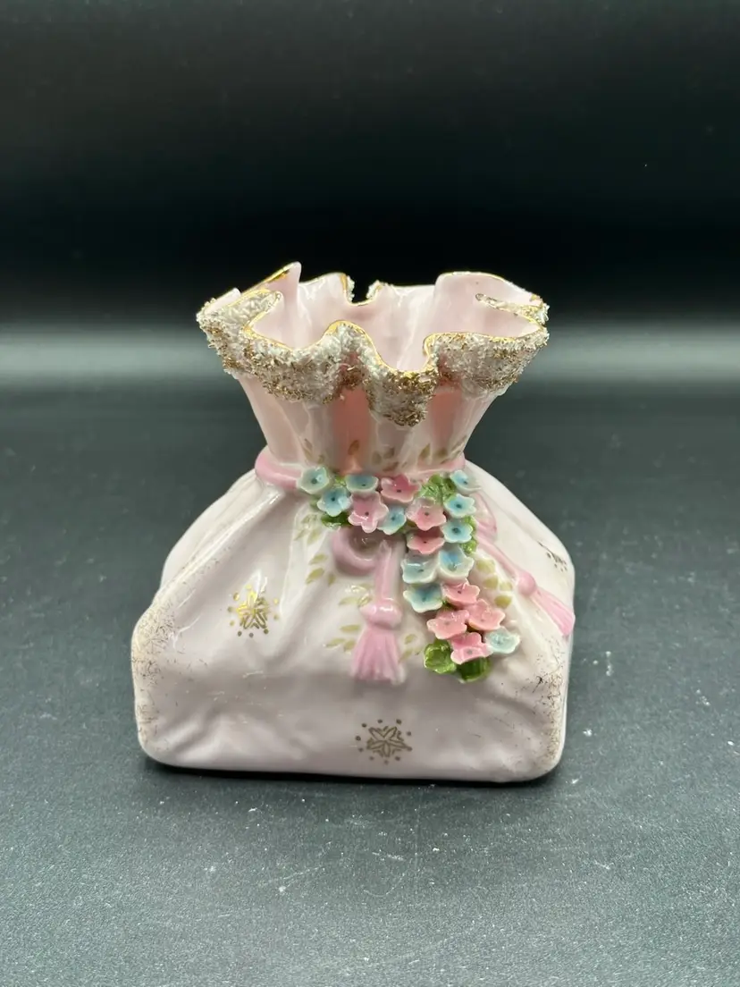 Vintage ALMAK Tied Bag Vase with Golden Bow and Spaghetti Trim Applied Flowers