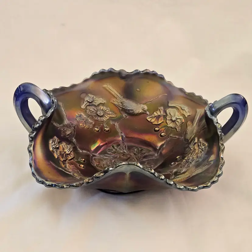 Carnival Glass Fenton Bon Bon Dish Birds & Cherries Iridescent Amethyst on Blue