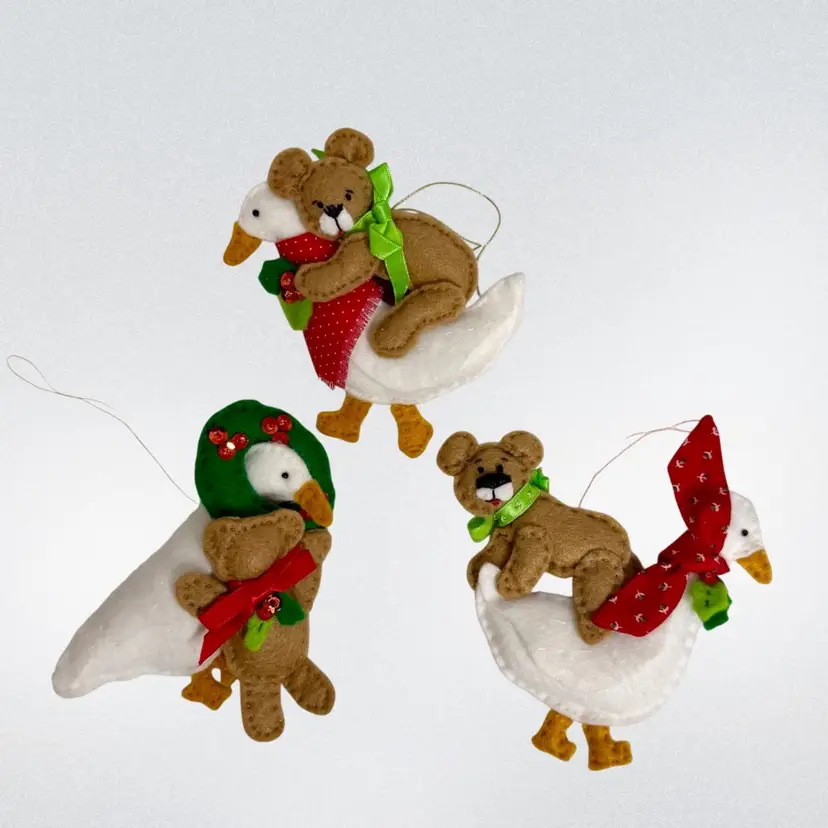 Vintage Titan Needlecraft Felt Ornaments (3) Teddy Bears & Geese Country Cottage White•Red•Green