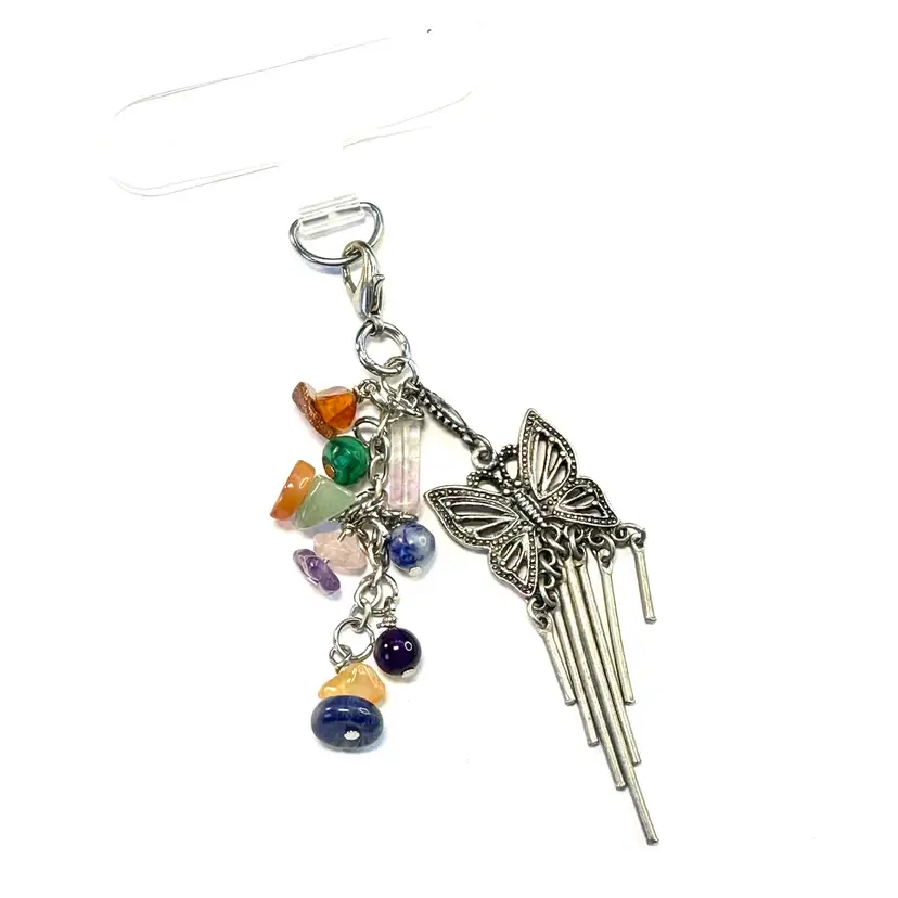 Butterfly Natural Stone Beaded Phone Charm Repurposed Jewelry Made By Me 2.5”