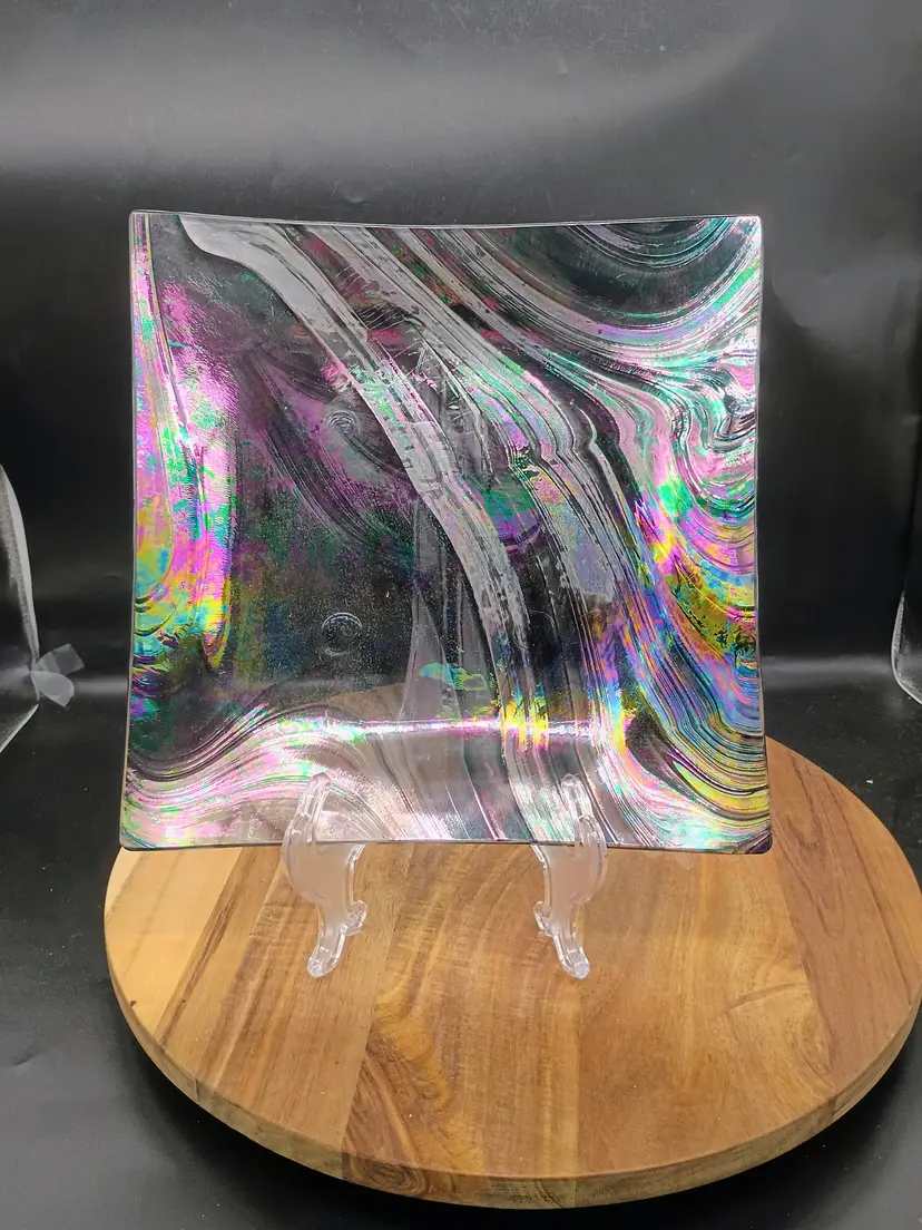 Fused Glass Square with applied Feet Black Diachroic and White Glass Abstract Swirl.