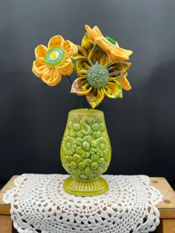 Made By Me Fabric And Vintage Button Flowers Arranged In A Green Ceramic Shaker 6 1/2” x 4”