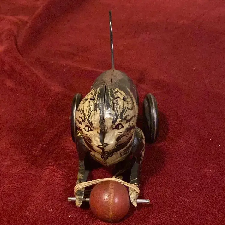 Antique Lithograph Metal Cat Toy with Wooden Ball Nice!