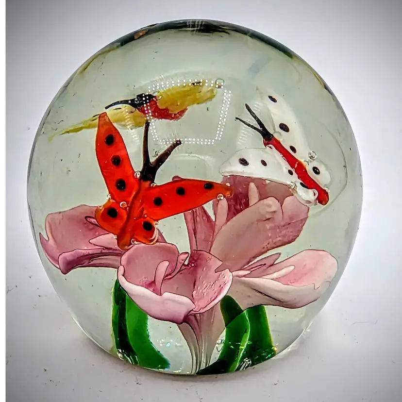 Glass Paperweight Pink Flower Yellow & Orange Butterflies Victrad Co. LTD