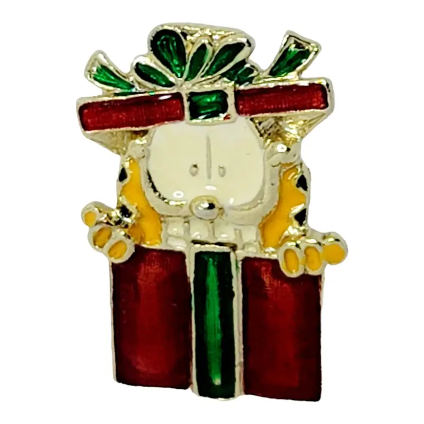 Garfield Christmas Box 3D Lapel Enamel Pin Brooch Double Post Pinback Signed