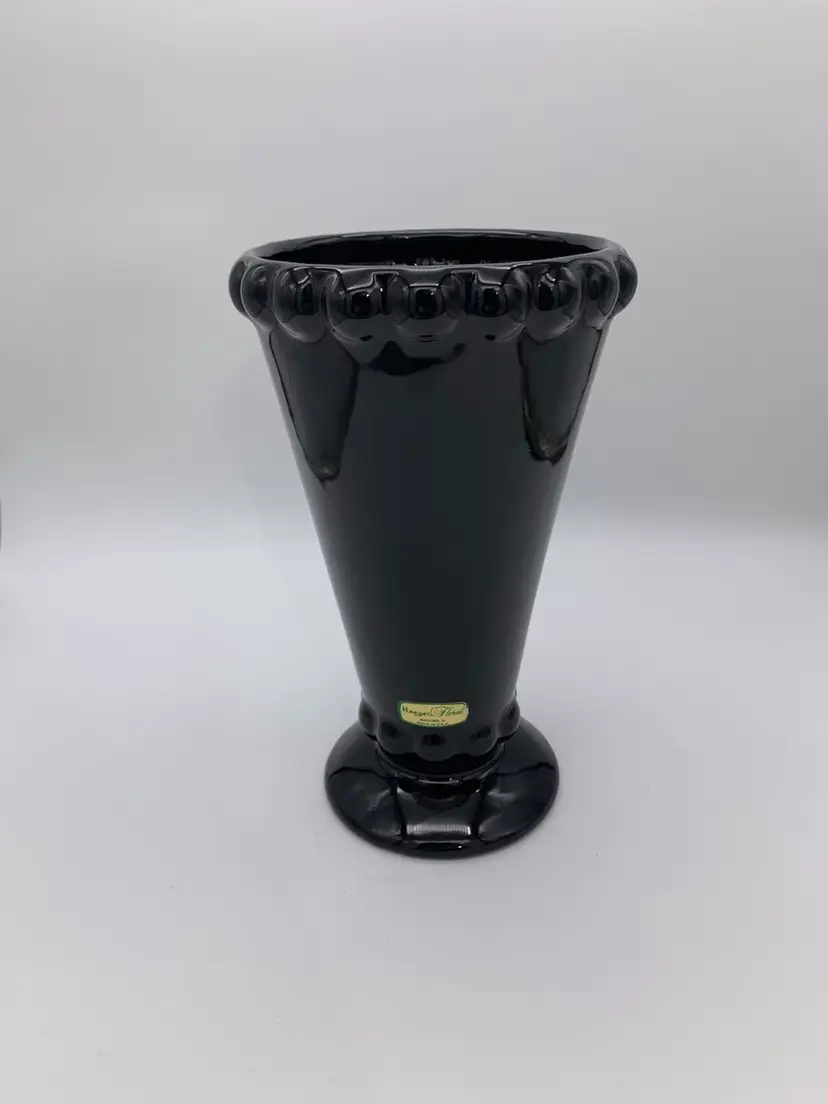 Vtg. Haeger Floral Black Glass Vase 10” Flared Shape With Scalloped Rim & Base