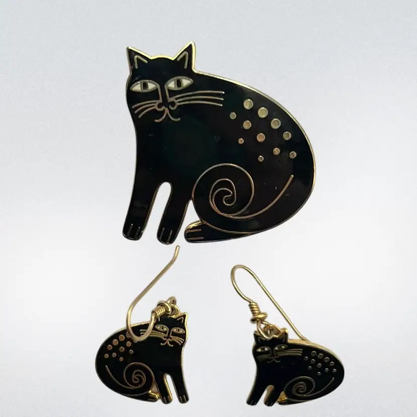 Vintage Laurel Burch Keshire Cat Earrings & Brooch Set