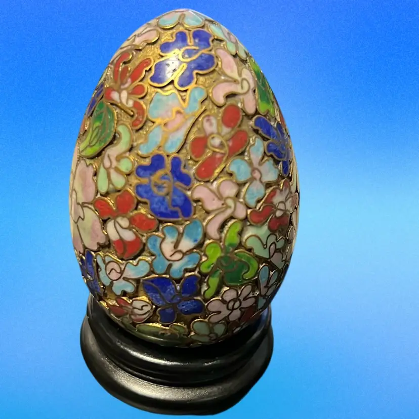 Glass Egg Closinea Flowers And Wood Stand Easter Spring