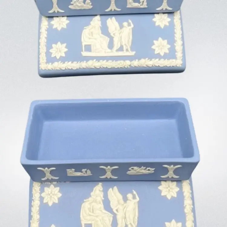 2 Vintage Wedgwood Trinket Boxes Blue Jasperware Raised Relief 3.5”