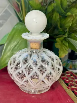 Vintage Art Glass Frille Cologne Bottle Wrisley Perfume Ribbed Melon Ruffled White Dots 4.5” tall 3” wide