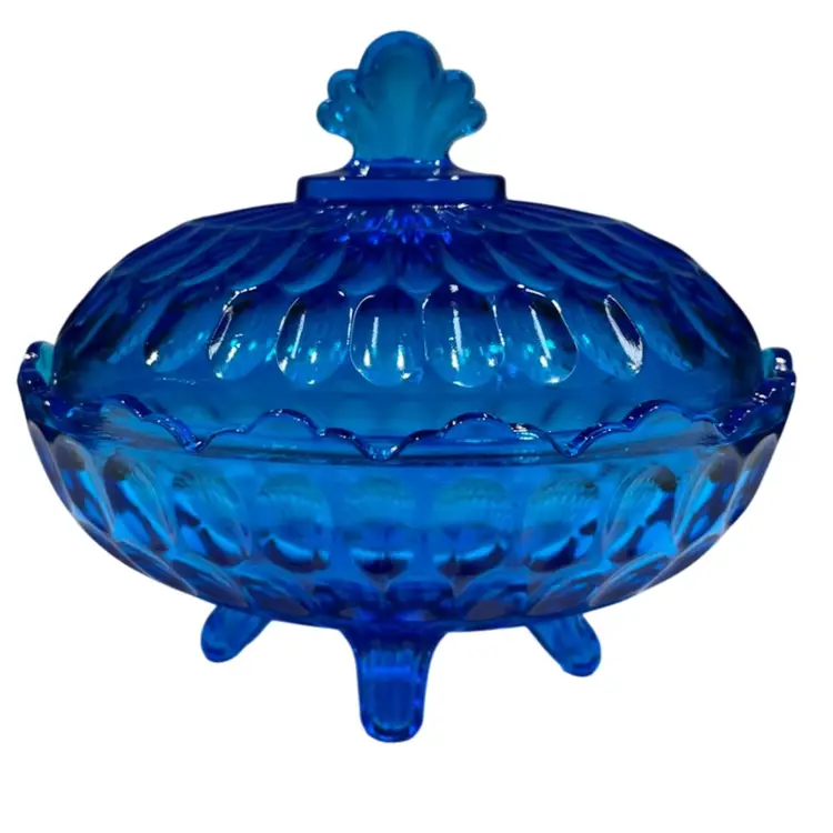 Vintage Fenton - 3 Toed- Colonial Blue Glass-Thumbprint -Covered Candy Dish 6.5”x4.75”x5.75” Scalloped Edge