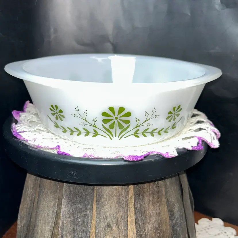 #2 Vintage Glasbake Green Daisy/Crazy Daisy J514 2Qt. Baking Dish