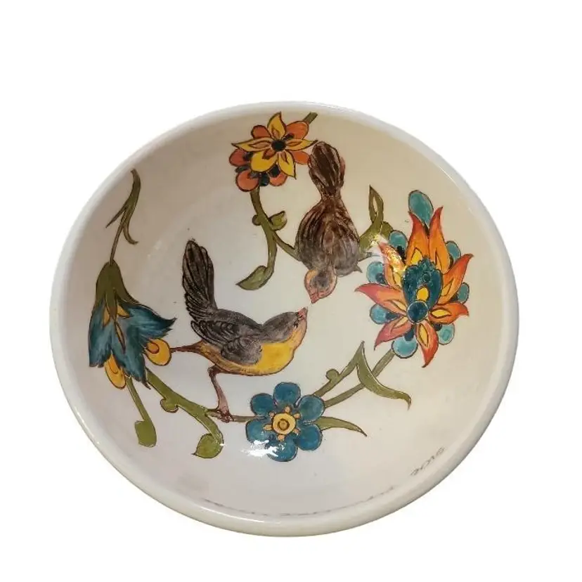 Delightful Birds Hand Painted Wall Decor Bowl Signed Mahsa Hasannasab 2016 Bright Colors Ready To Hang