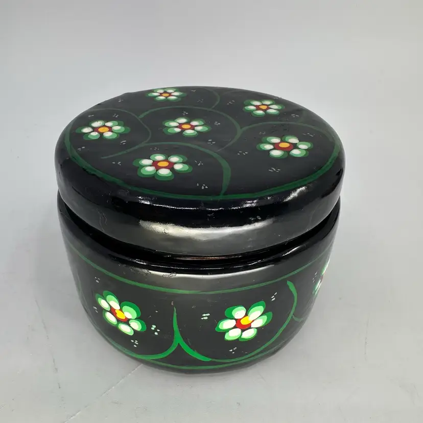 Redware Mexican Hand Painted Round Trinket Box