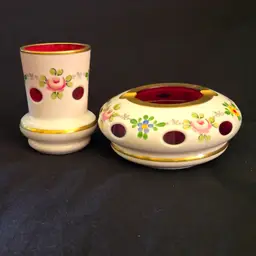 Glass Ashtray and Matchstick Holder - Cut To Red, Hand Painted Floral Gold Trim Bohemian made