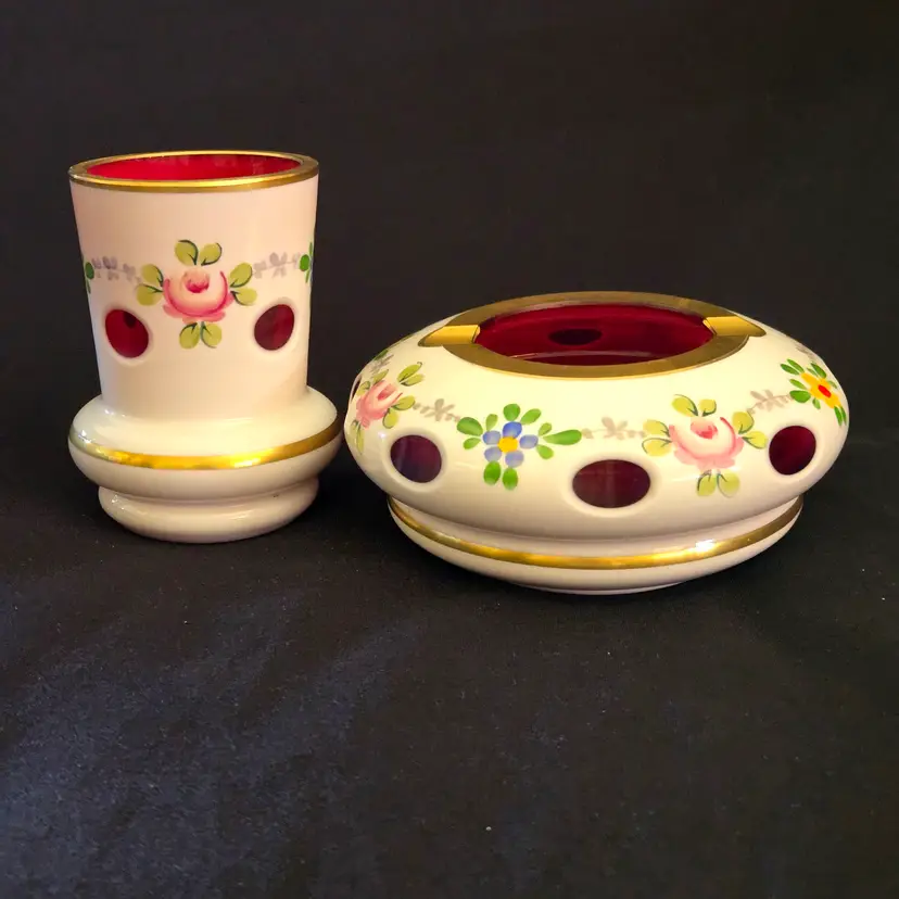 Glass Ashtray and Matchstick Holder - Cut To Red, Hand Painted Floral Gold Trim Bohemian made
