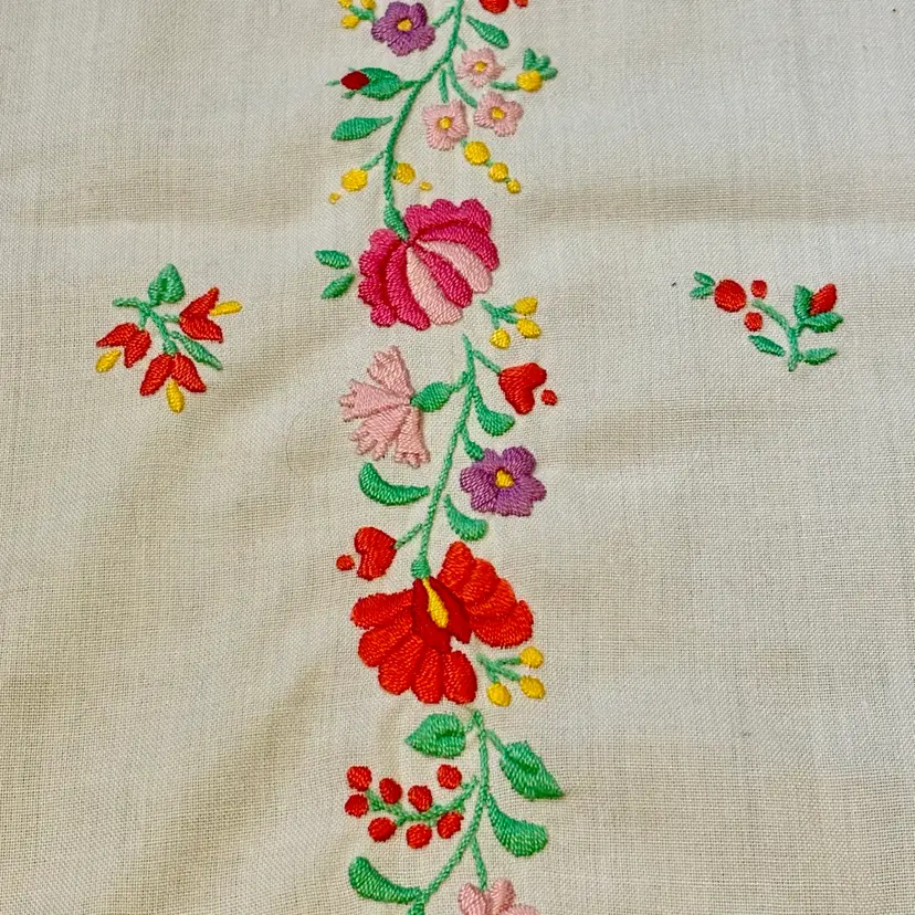 Floral Embroidered Table Runner Dresser Scarf Red Scalloped Border 31”x14”