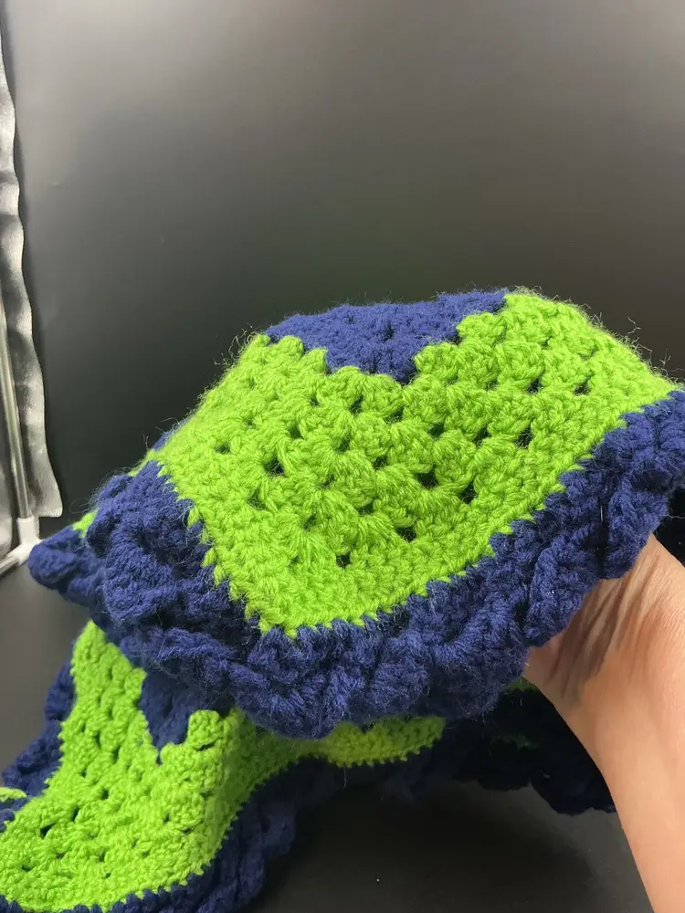 Bold green and blue baby afghan, granny square, 30x30