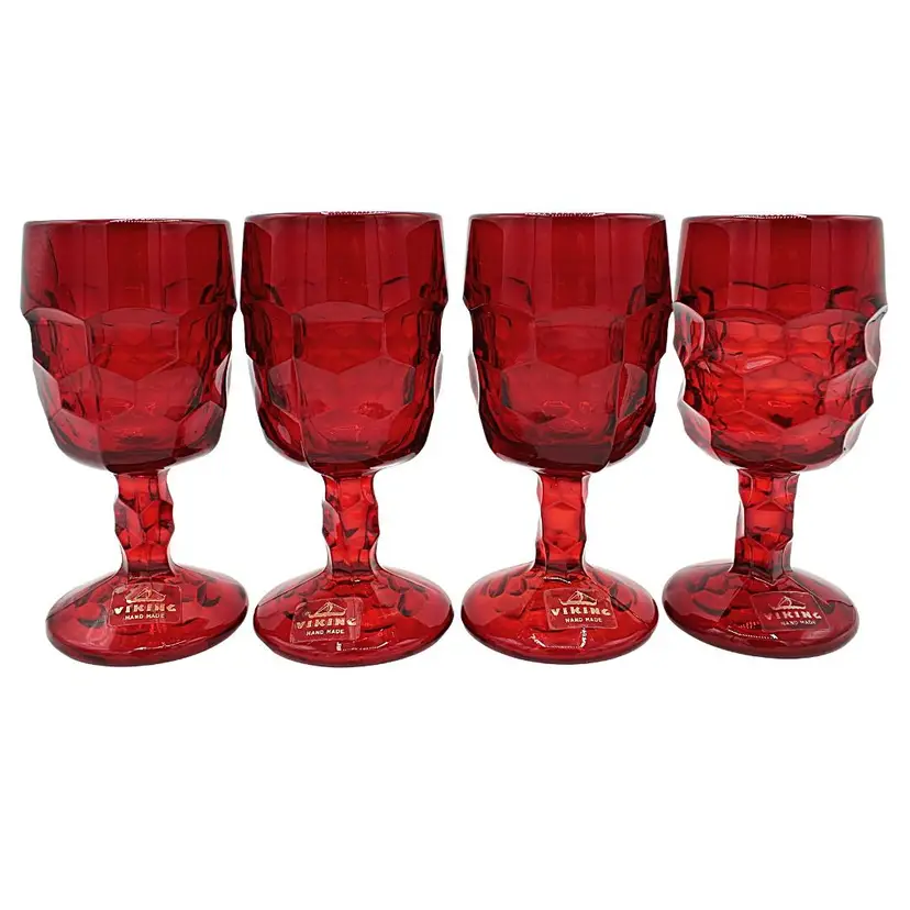 Vintage Viking Ruby Red Georgian Honeycomb Cordial Wine Glasses Original Labels