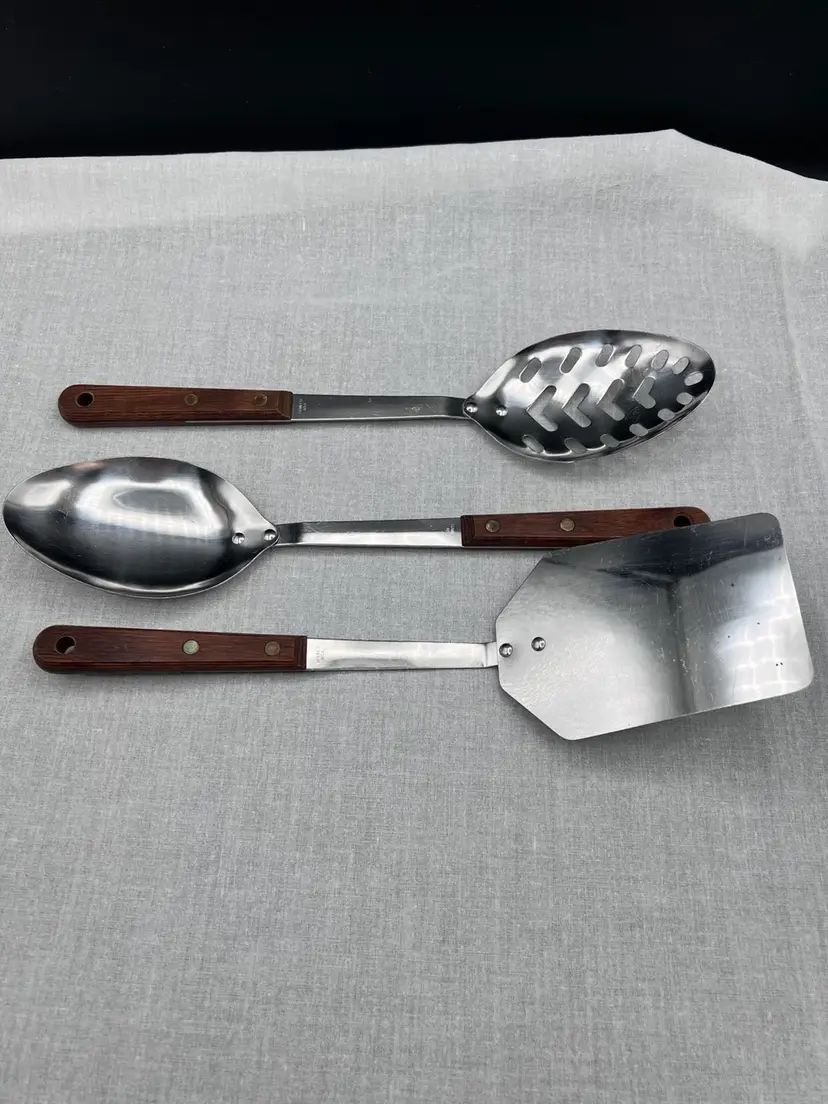 Vintage 3 Piece Utensil Set With Wooden Handles Made in the USA Stainless Steel