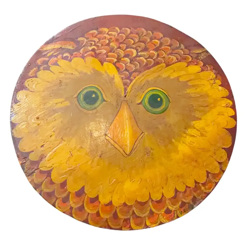 Signed Midcentury Owl Painting on Wood Wall Hanging