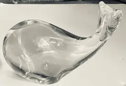 Clear Glass Whale Paperweight Decor 5" Indented Eyes Raised Tail Flat bottom