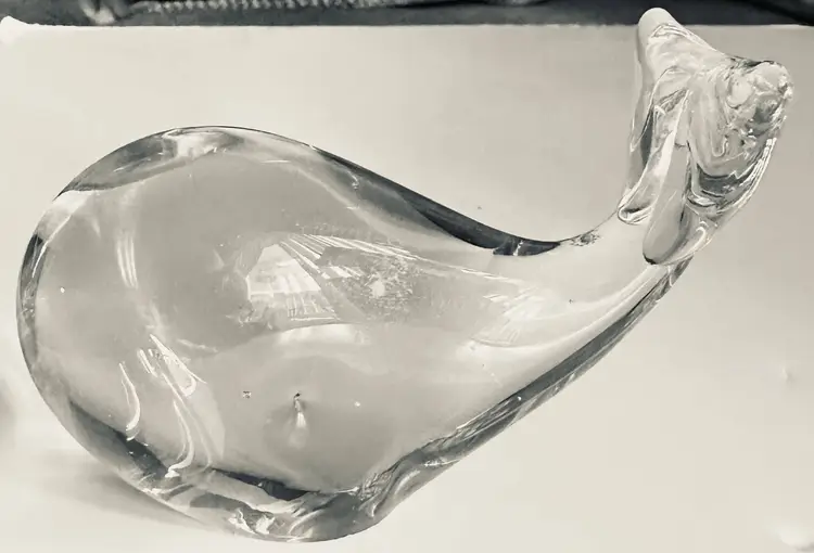 Clear Glass Whale Paperweight Decor 5" Indented Eyes Raised Tail Flat bottom