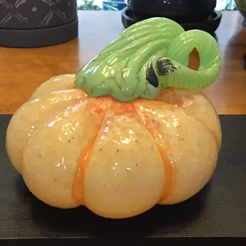 Hand Blown Art Glass Orange and Green Pumpkin Figurine Paperweight Glows 
