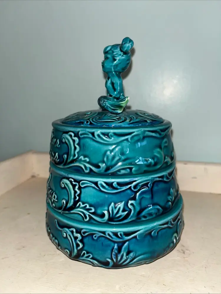 Vintage VHTF Enesco E-8252 Teal Mermaid 3-Tier Stacking Trinket Vanity Box w/Lid