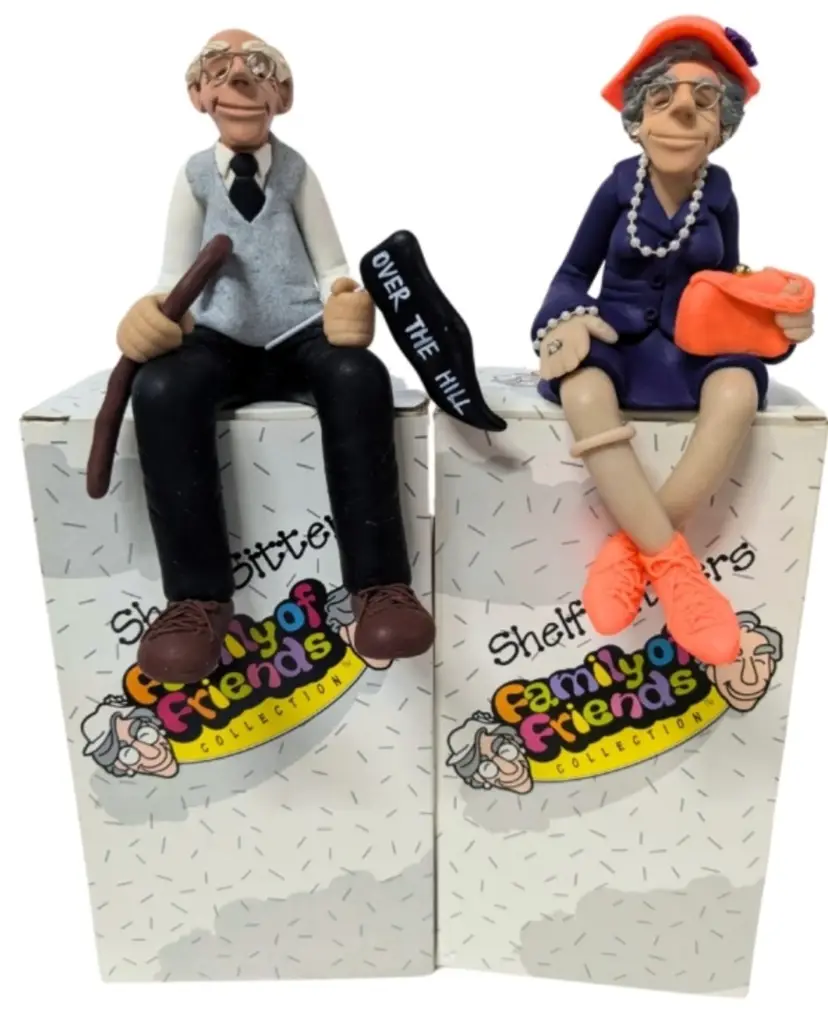 Ha! 2 Vintage D. Manning SHELF SITTERS : Limited Edition Family of Friends Collection : Over The Hill Male & Classy Purple Lady - Approx 7.5 Inches Total Length Each