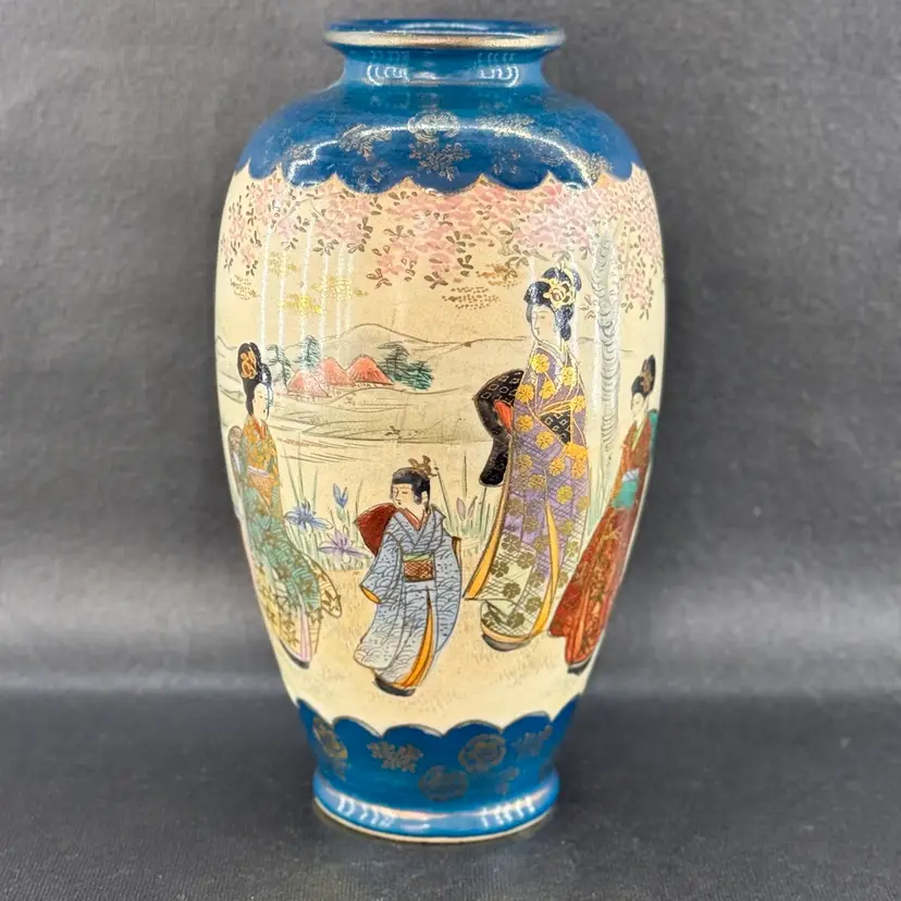 Satsuma Style Asian Vase Geisha Girls Teal & Gold 9”