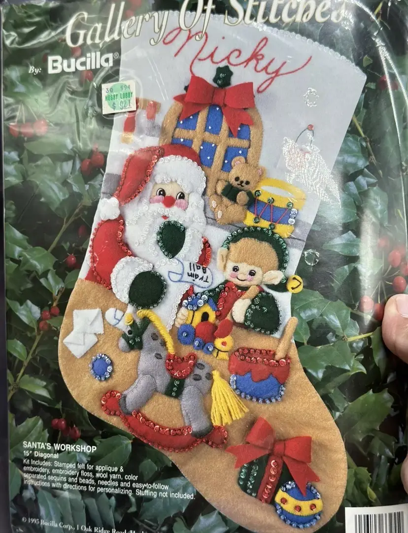 VINTAGE Bucilla Gallery of Stitches Santas Workshop 15" Stocking Kit 33255 #Christmas