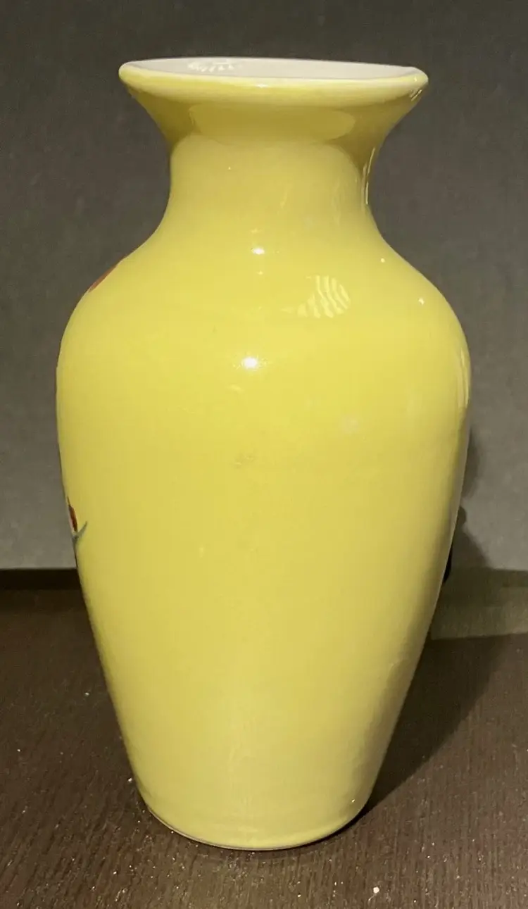 Jasco Handpainted Pottery Porcelain Green Yellow Flowered Vase 6" tall