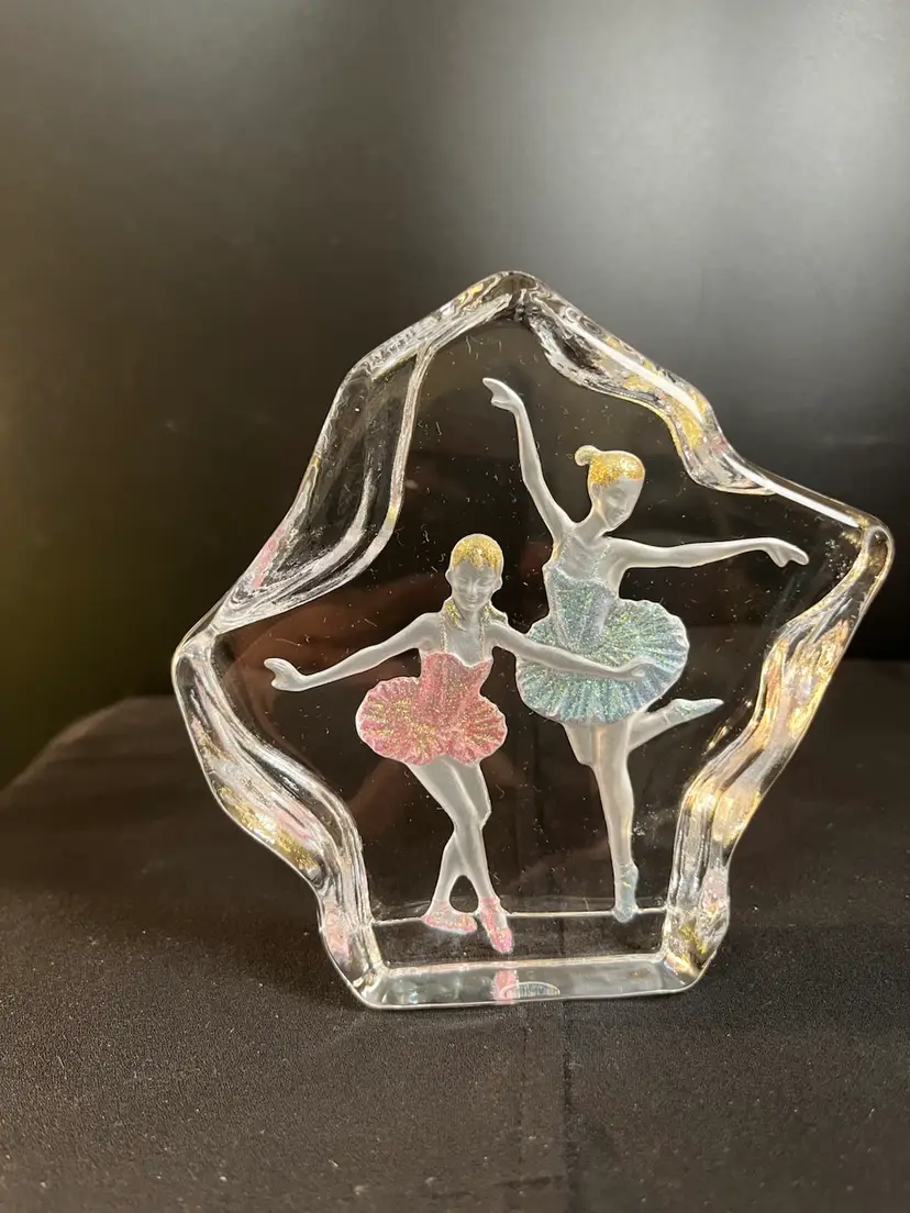 Pair of Etched Beautiful Ballerinas-One in Glittered Pink the Other in Glittered Blue-Nice Chunk of Glass