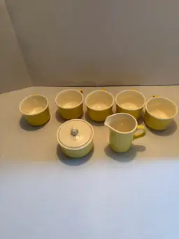 Vintage MCM Yellow/White Coffee/Tea Service Set for 5 W/Lidded Sugar&Creamer USA