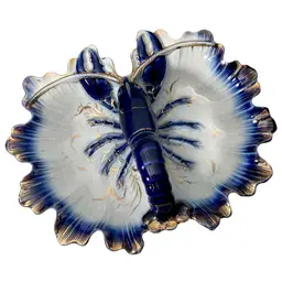 Antique Porcelain Lobster Serving Dish Divided Platter Tray Flow Blue Hand Painted Gold 10.5x13"