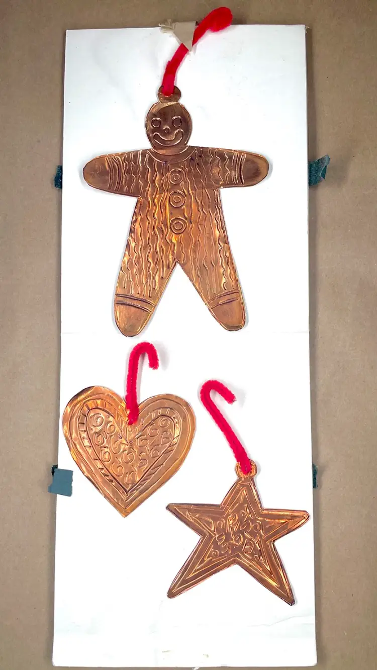 Vintage Hobbyist Primitive Children's Copper Foil Holiday Christmas Ornaments