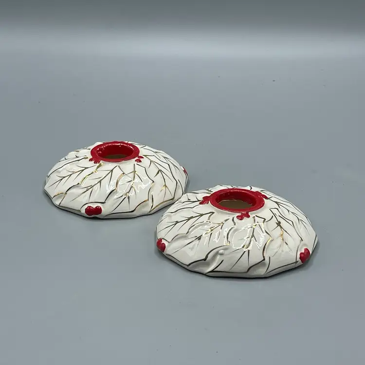 Japan Ceramic White Holly & Berry Round Taper Candle Holders