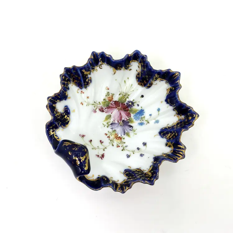 Cobalt Blue Porcelain Trinket Dish – Antique Ruffled Edge Floral Gold Gilt, 6-Inch  (0334-25)