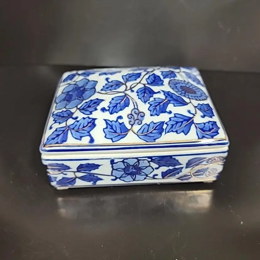 Vintage Blue White And Gold Floral Porcelain Trinket Box
