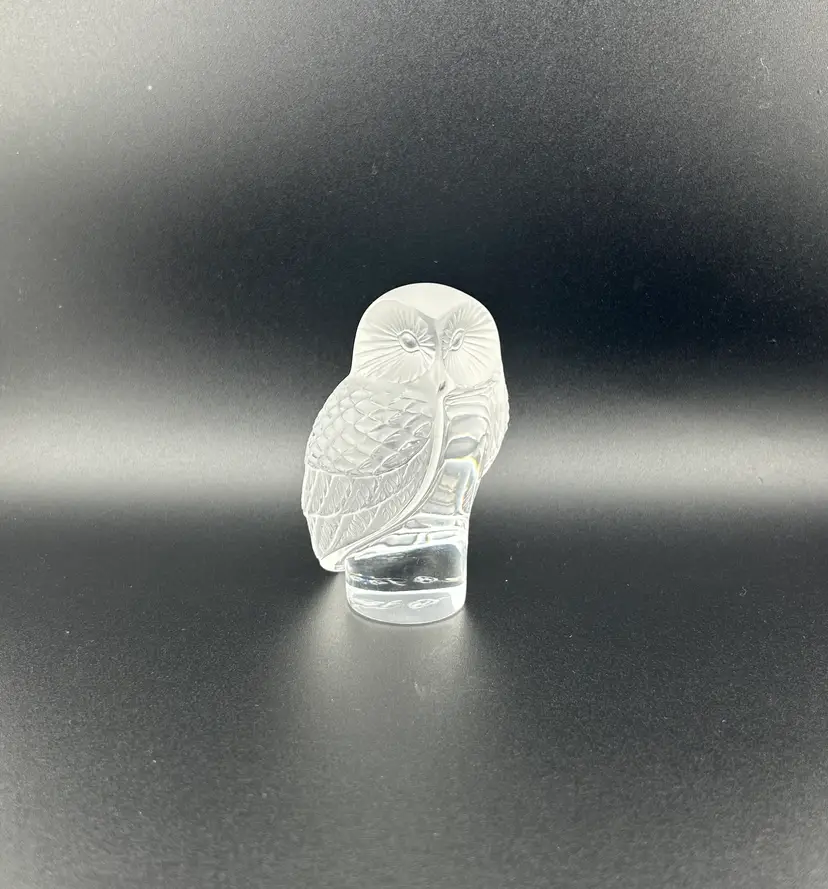 Lalique France Satin Lead Crystal Owl Paperweight 2”x 2”x 3.5”